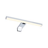 Modern chrome LED mirror light with warm white glow and touch switch for bathroom lighting
