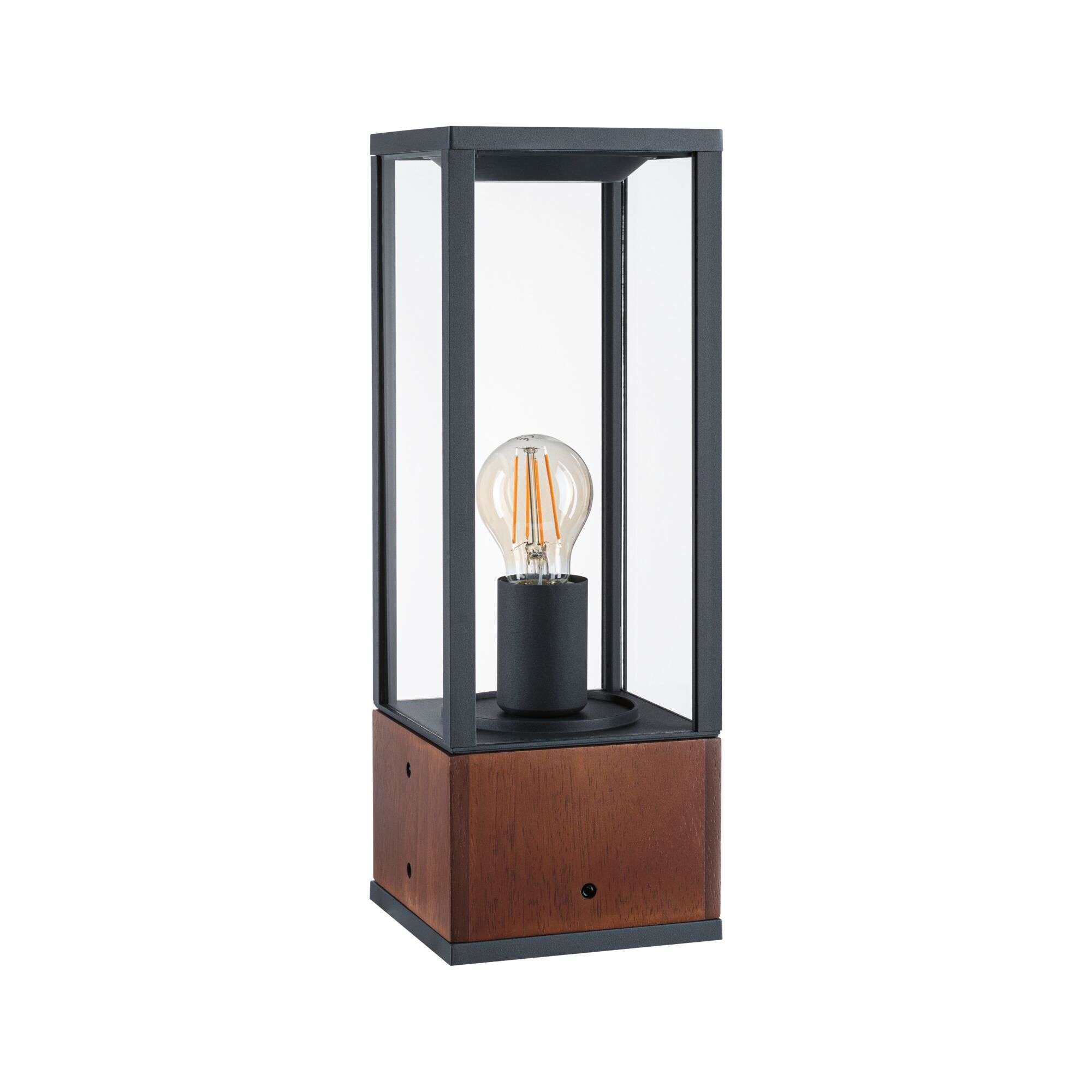 Moderne tafellamp met zwart metalen frame en houten voet, heldere glazen kap, zichtbare LED-lamp