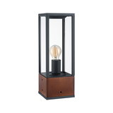 Modern table lamp with black metal frame and wooden base, clear glass cover, visible LED bulb for ambient lighting