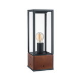 Lampe de table moderne avec cadre en métal noir et base en bois, verre transparent, ampoule LED visible