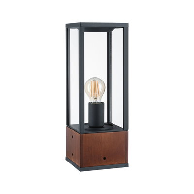 Lampe de table moderne avec cadre en métal noir et base en bois, verre transparent, ampoule LED visible