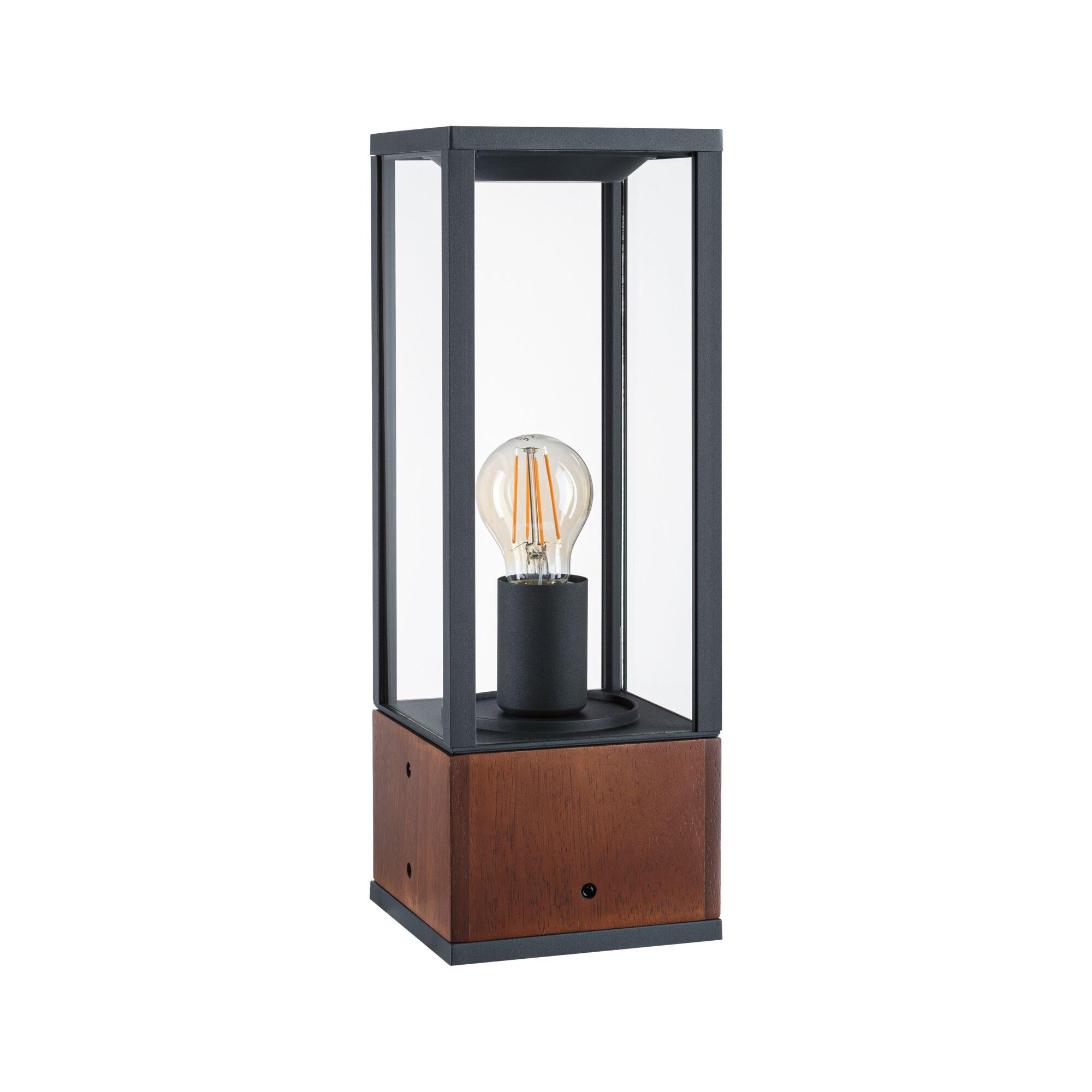 Moderne Tischlampe mit schwarzem Metallrahmen und Holzsockel, klarer Glasabdeckung, LED-Glühbirne sichtbar