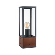 Moderne Tischlampe mit schwarzem Metallrahmen und Holzsockel, klarer Glasabdeckung, LED-Glühbirne sichtbar