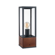 Moderne Tischlampe mit schwarzem Metallrahmen und Holzsockel, klarer Glasabdeckung, LED-Glühbirne sichtbar