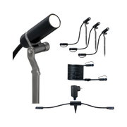 Ensemble de projecteurs LED noirs avec piquets, câble et adaptateur pour éclairage extérieur.
