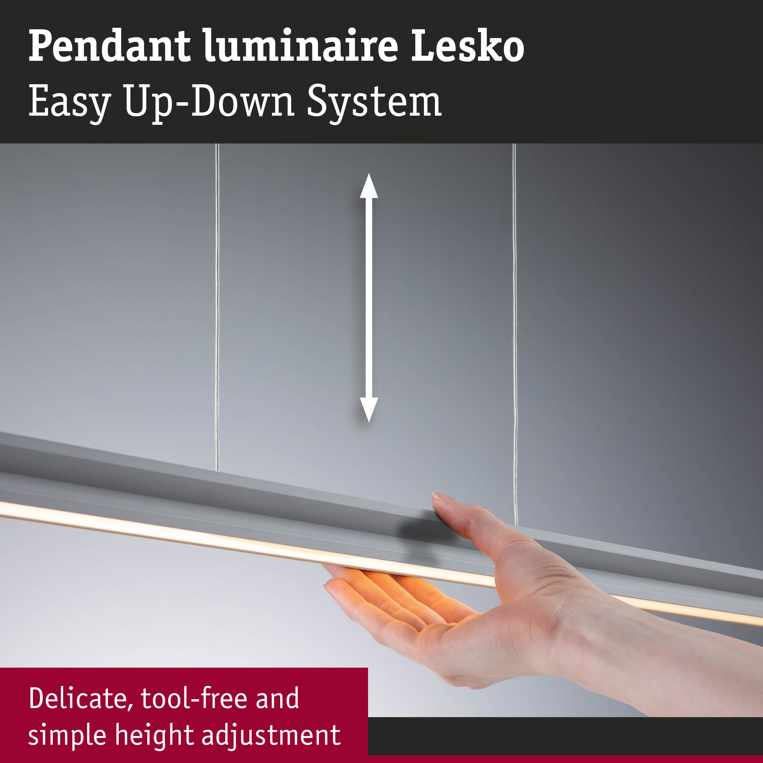Grey Lesko pendant luminaire with LED light and easy height adjustment for modern interiors