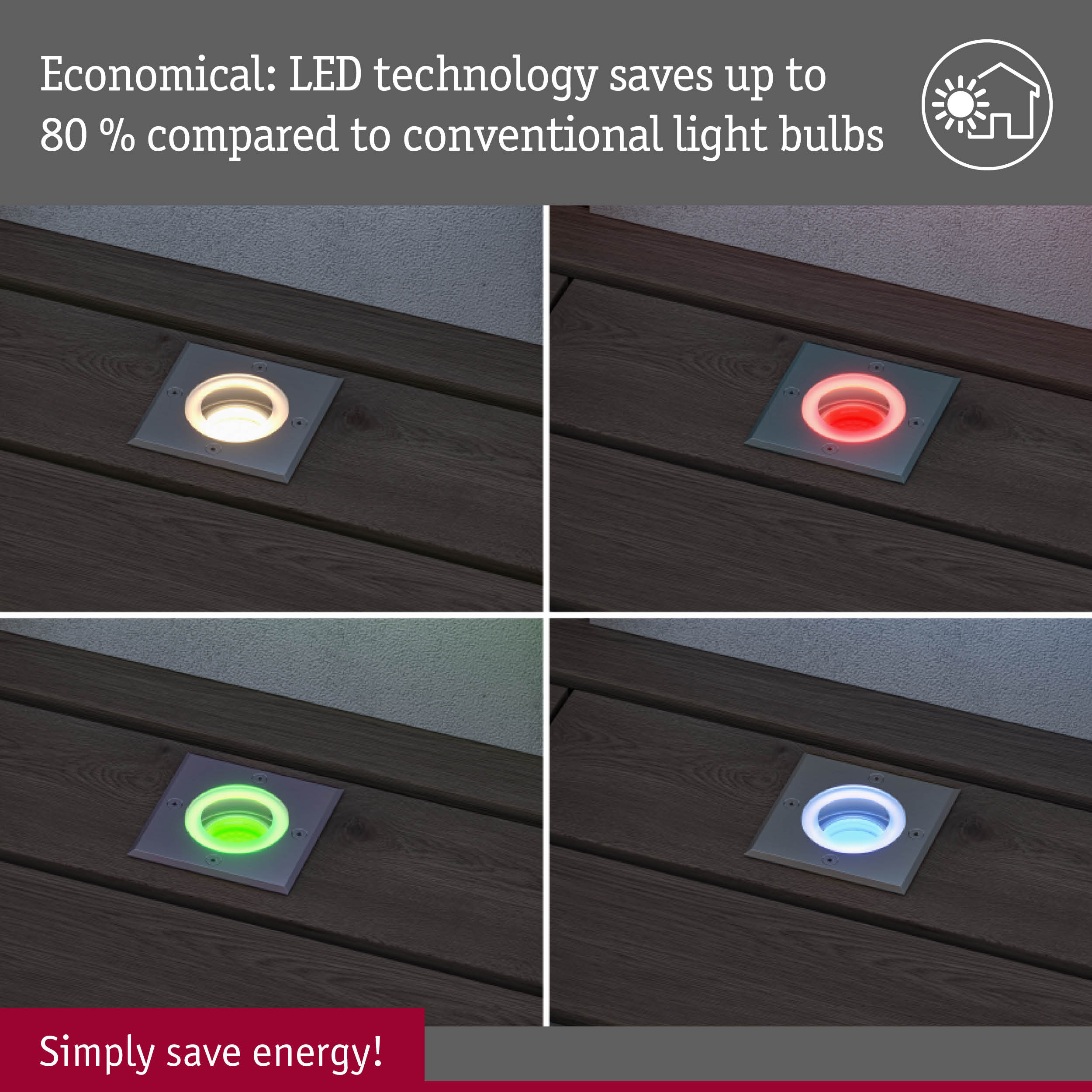 Four square white LED recessed floor lights with multicolour options for energy-saving outdoor lighting