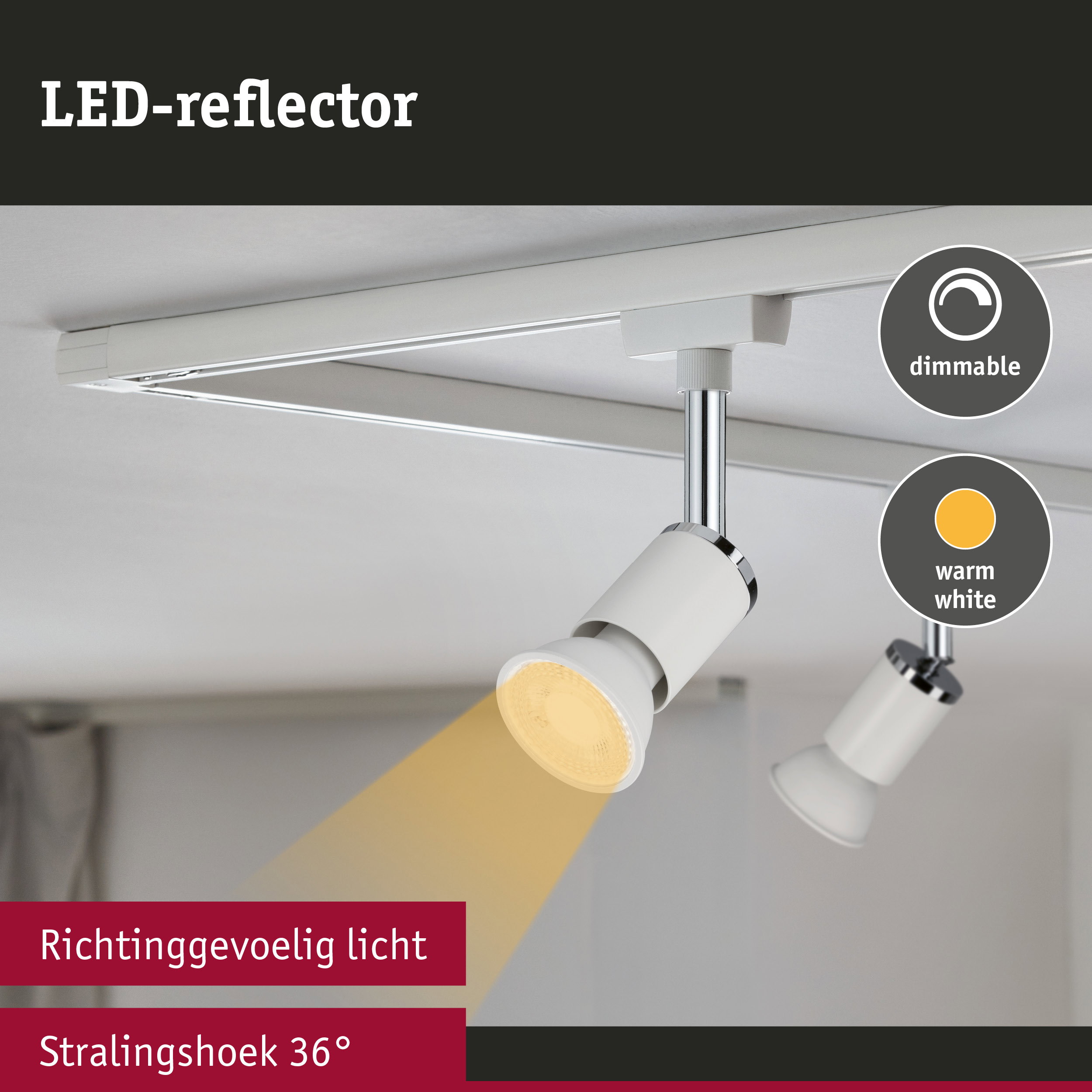 Witte LED-reflector met dimbare warmwitte verlichting en een stralingshoek van 36°