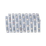 Flexible LED strip with warm white lights and adhesive backing for versatile lighting solutions.