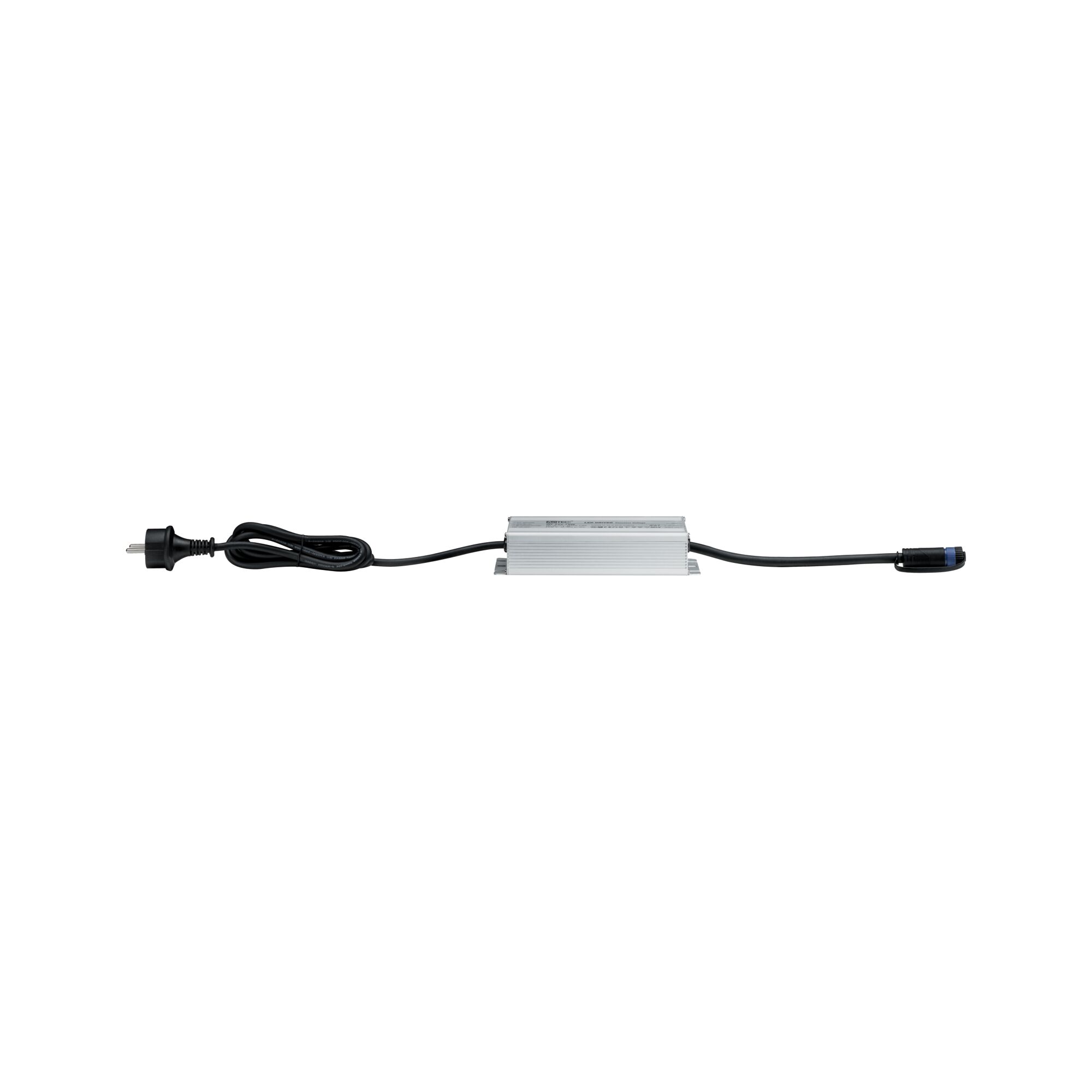 Compacte zilverkleurige aluminium LED-voeding met zwarte kabel en stekker voor verlichtingssystemen
