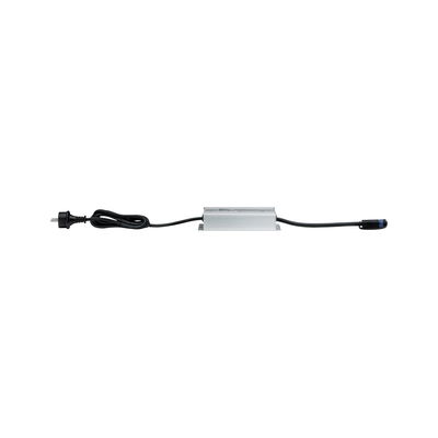 Silver aluminum electronic power supply with black cable and plug for LED lighting systems