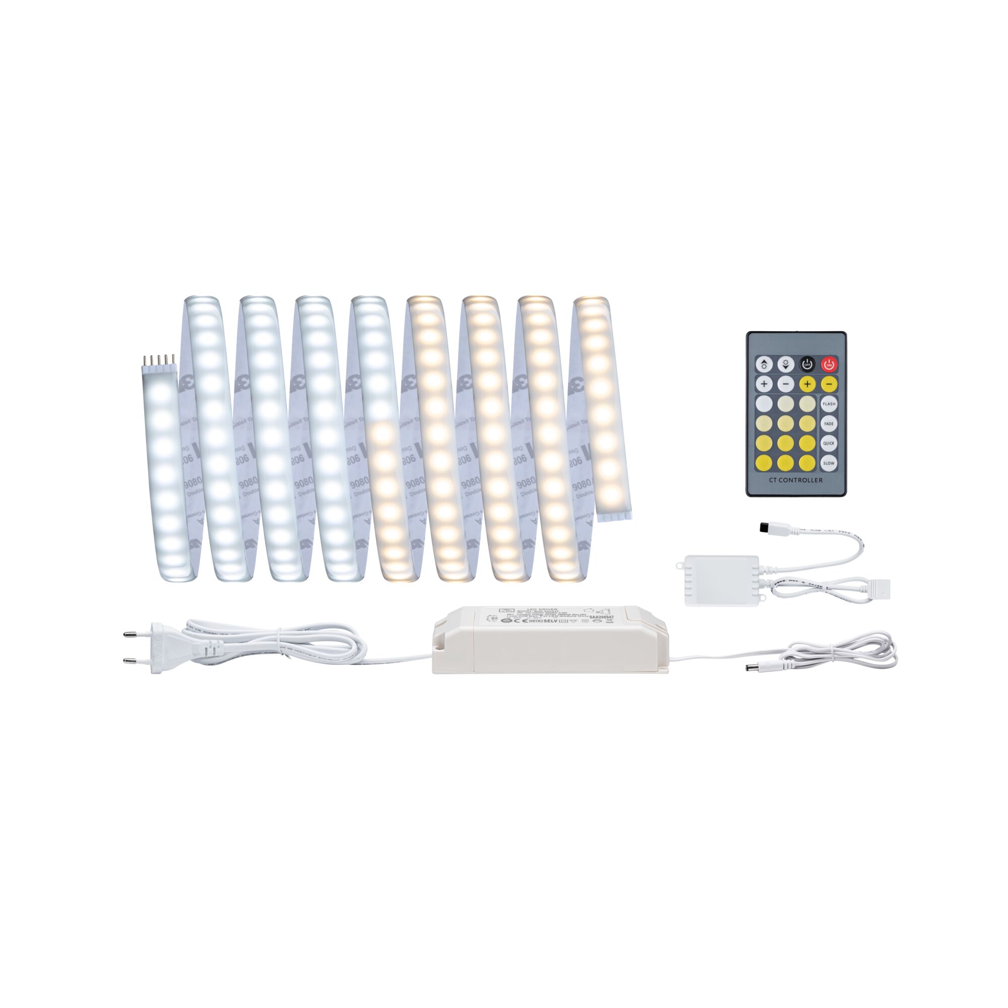LED-strip met warm en koel wit licht, voeding en afstandsbediening voor verstelbare verlichting