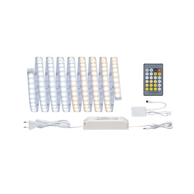 LED strip with warm and cool white lights, power supply and remote control for adjustable lighting