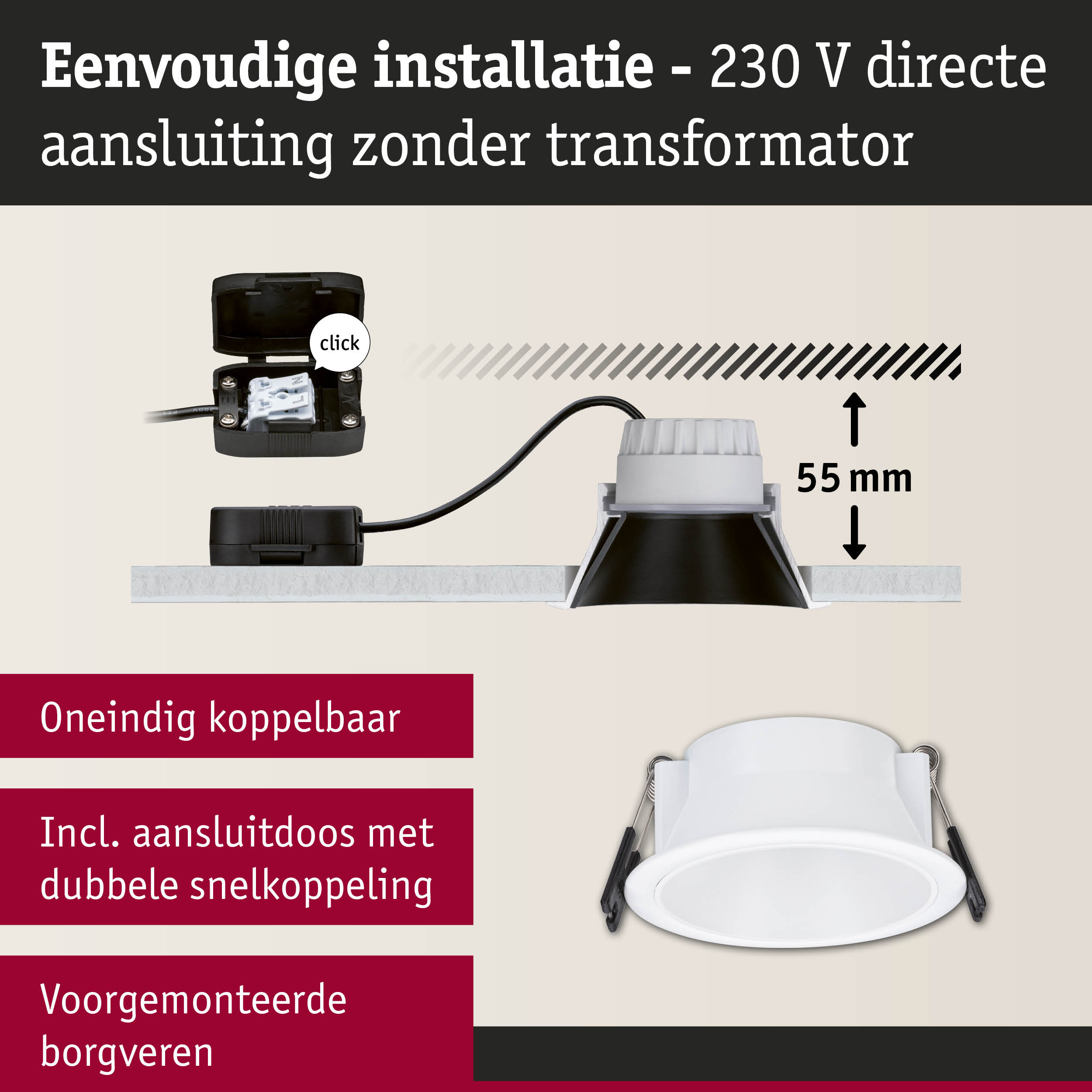 Witte inbouwspot met 55 mm inbouwdiepte en directe 230 V aansluiting zonder transformator