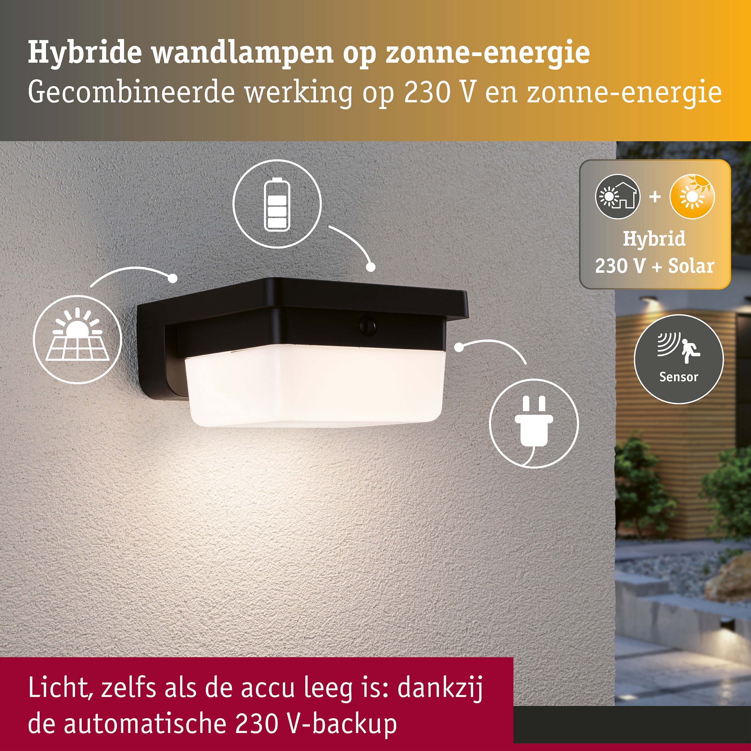 Hybrid LED-wandarmatuur voor buiten Isleen House 230V + Solar IP44 hoekig 163x163mm 3000K 2,3W 230lm 230V Zwart