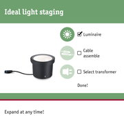 Black LED recessed luminaire with cable, perfect for light staging and easy expansion options