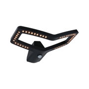 Black LED wall light with motion sensor and warm white light for modern outdoor lighting.