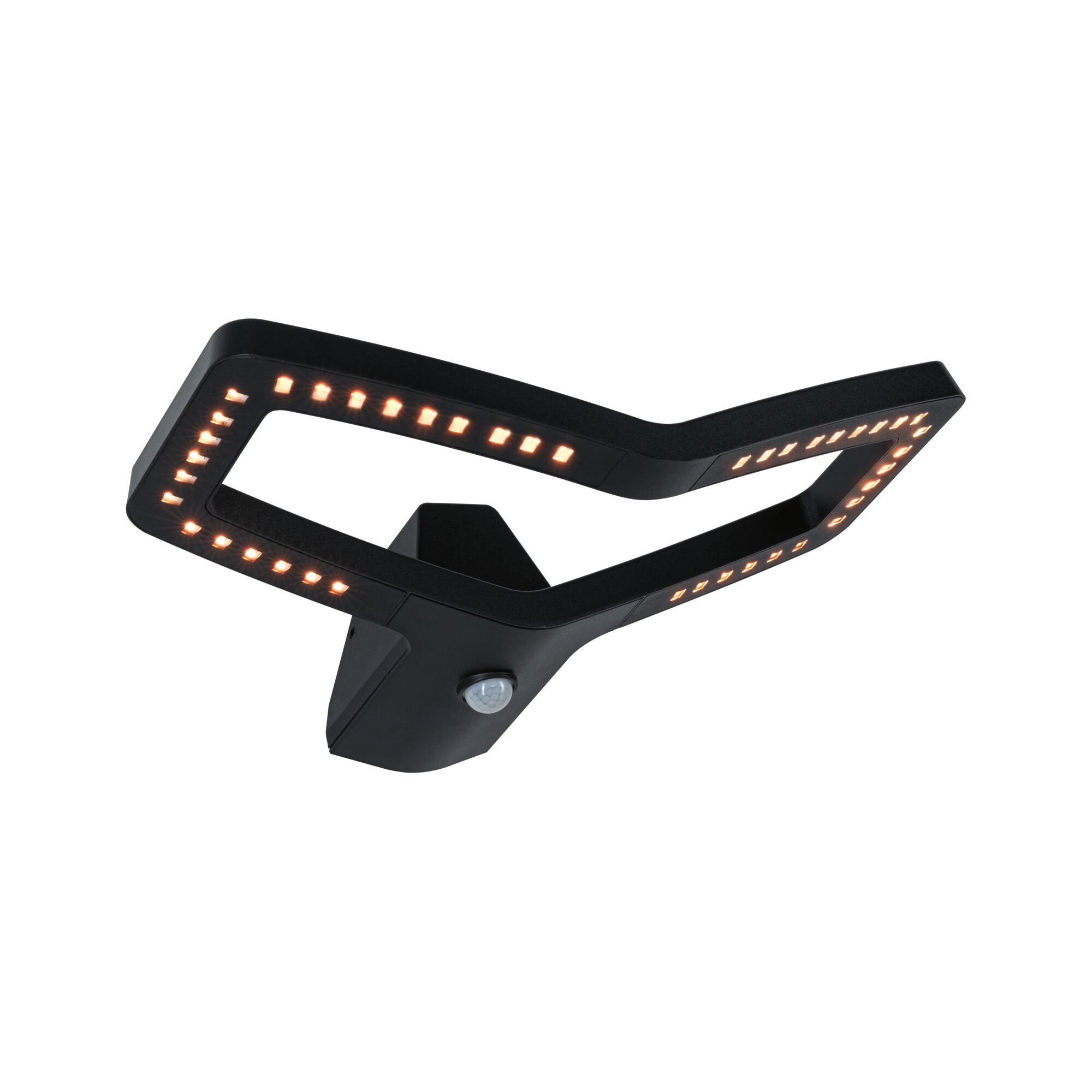 Black LED wall light with motion sensor and warm white light for modern outdoor lighting.