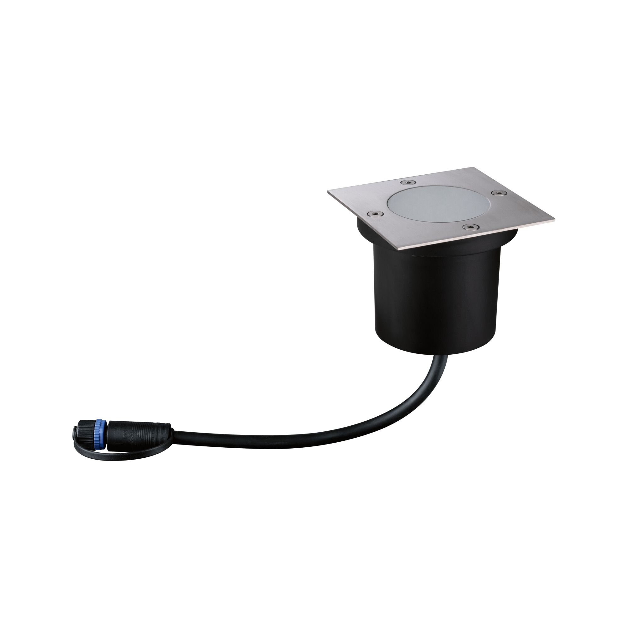 Ground spike light with square stainless steel cover and black plastic housing for outdoor lighting