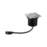 Ground spike light with square stainless steel cover and black plastic housing for outdoor lighting