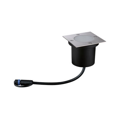 Ground spike light with square stainless steel cover and black plastic housing for outdoor lighting