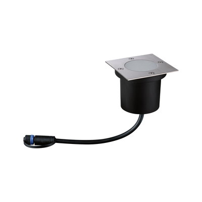 Ground spike light with square stainless steel cover and black plastic housing for outdoor lighting