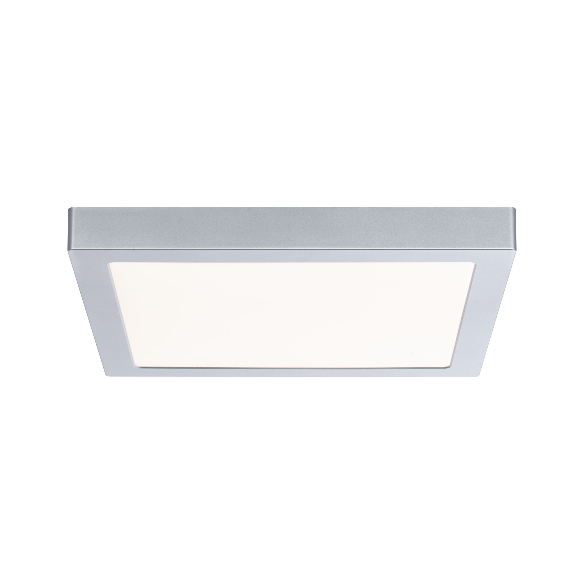 Quadratische Deckenleuchte aus silbernem Aluminium mit weißem Diffusor für moderne Innenbeleuchtung