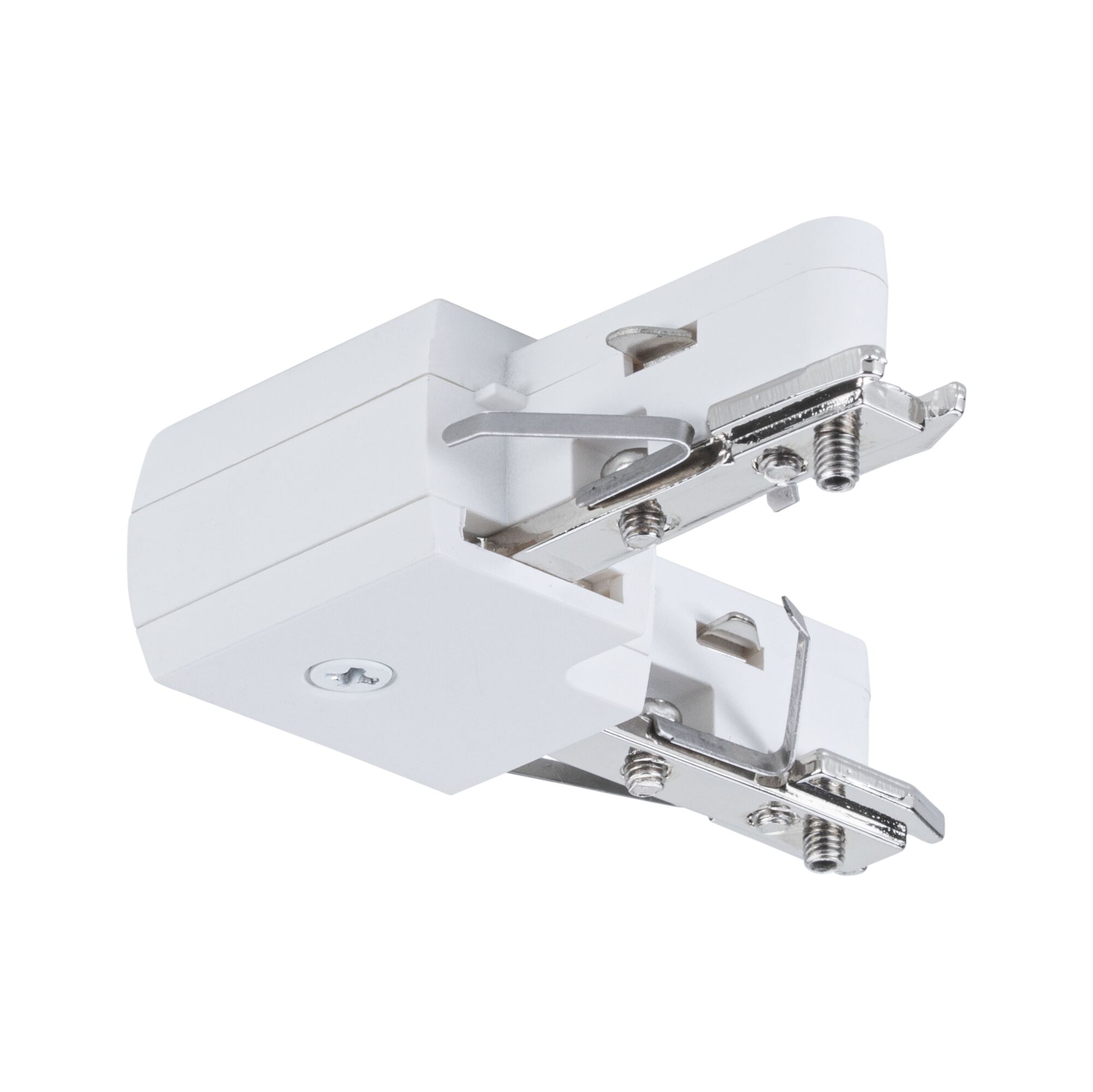 Witte kunststof adapter met metalen klemmen voor railsystemen, geschikt voor LED-verlichting.
