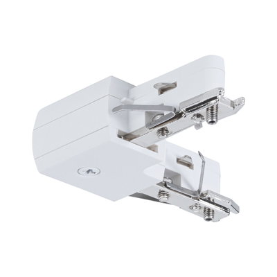 White plastic adapter with metal clamps for track systems, suitable for LED lighting installation.