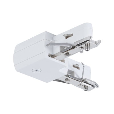 Weißer Kunststoff-Adapter mit Metallklemmen für Schienensysteme, geeignet für LED-Beleuchtung.