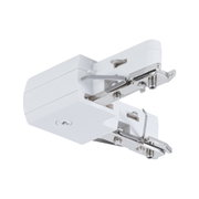 Biały plastikowy adapter z chromowanymi metalowymi mocowaniami do systemów oświetleniowych