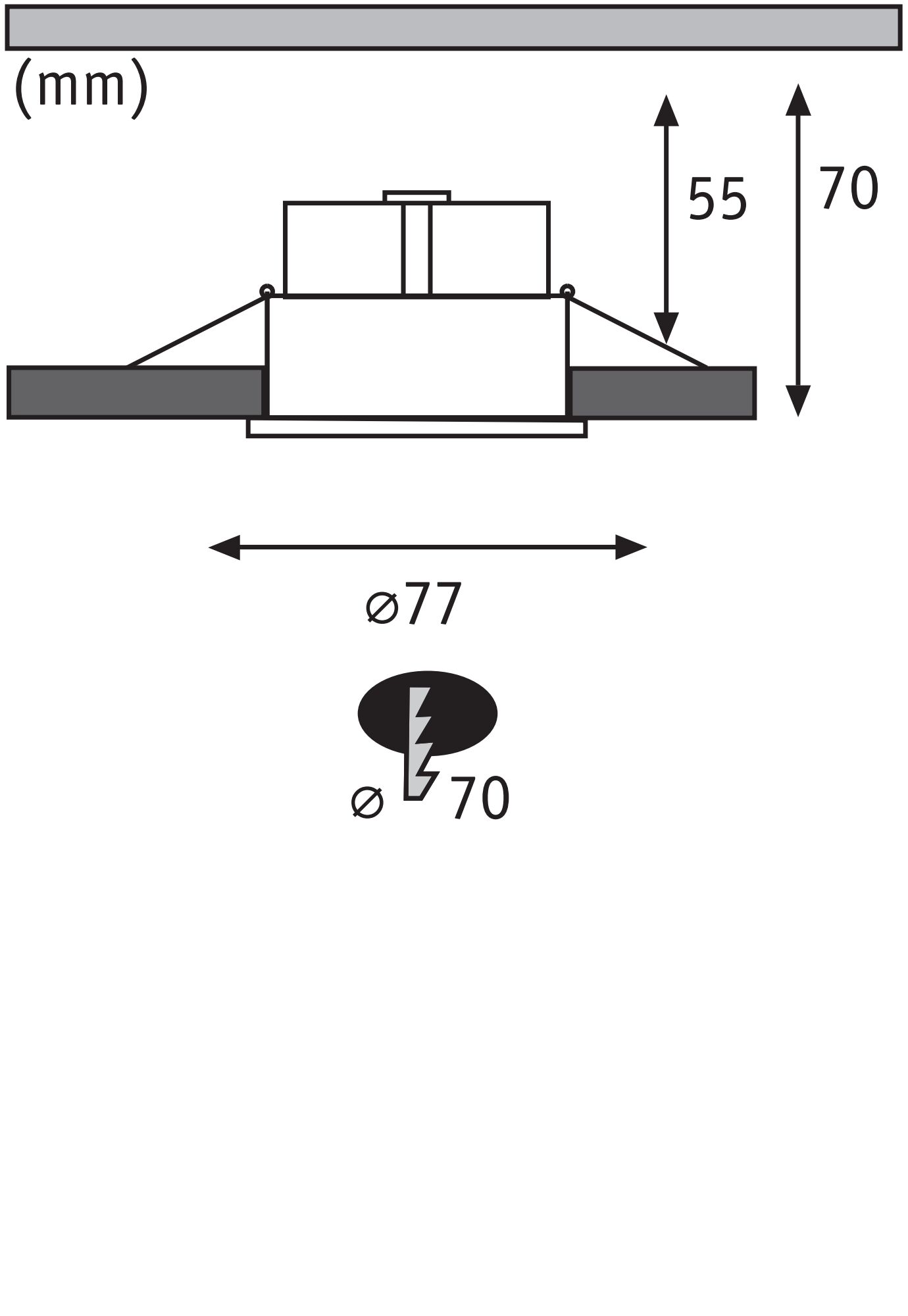 Technical drawing of a recessed spotlight with 77 mm diameter and 70 mm installation depth, black.