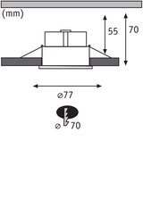 Technical drawing of recessed spotlight with 77 mm diameter and 70 mm installation depth