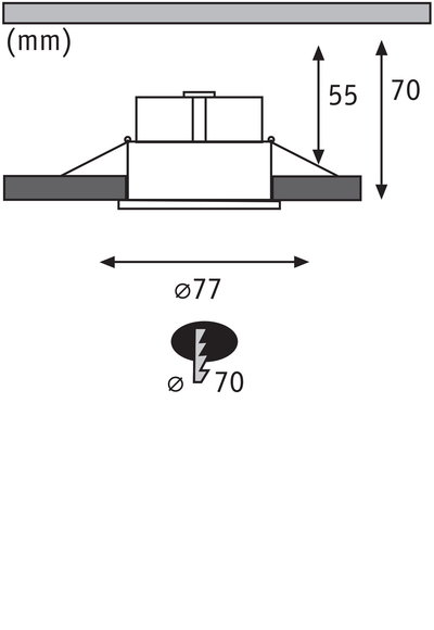 Schéma technique d'un spot encastré de 77 mm de diamètre et 70 mm de profondeur d'installation