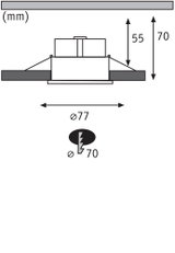 Technische Zeichnung eines Einbaustrahler mit 77 mm Durchmesser und 70 mm Einbautiefe