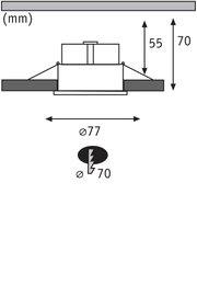 Technische Zeichnung mit Maßen für Einbauleuchte Ø77 mm, Einbautiefe 55 mm, Ausschnitt Ø70 mm