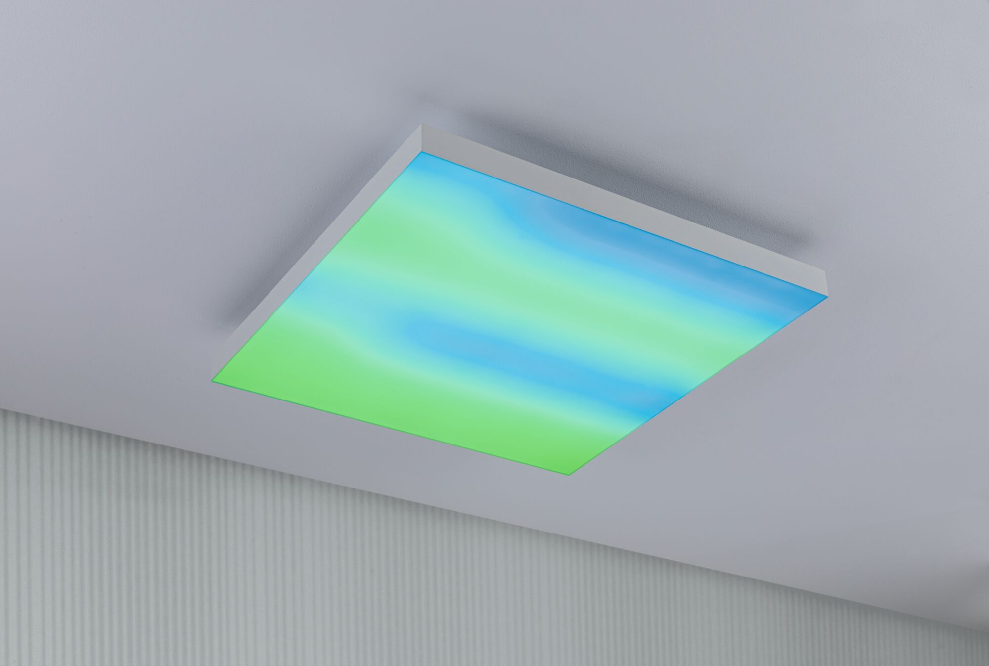 Square LED ceiling light with white frame and blue-green gradient for modern ambient lighting