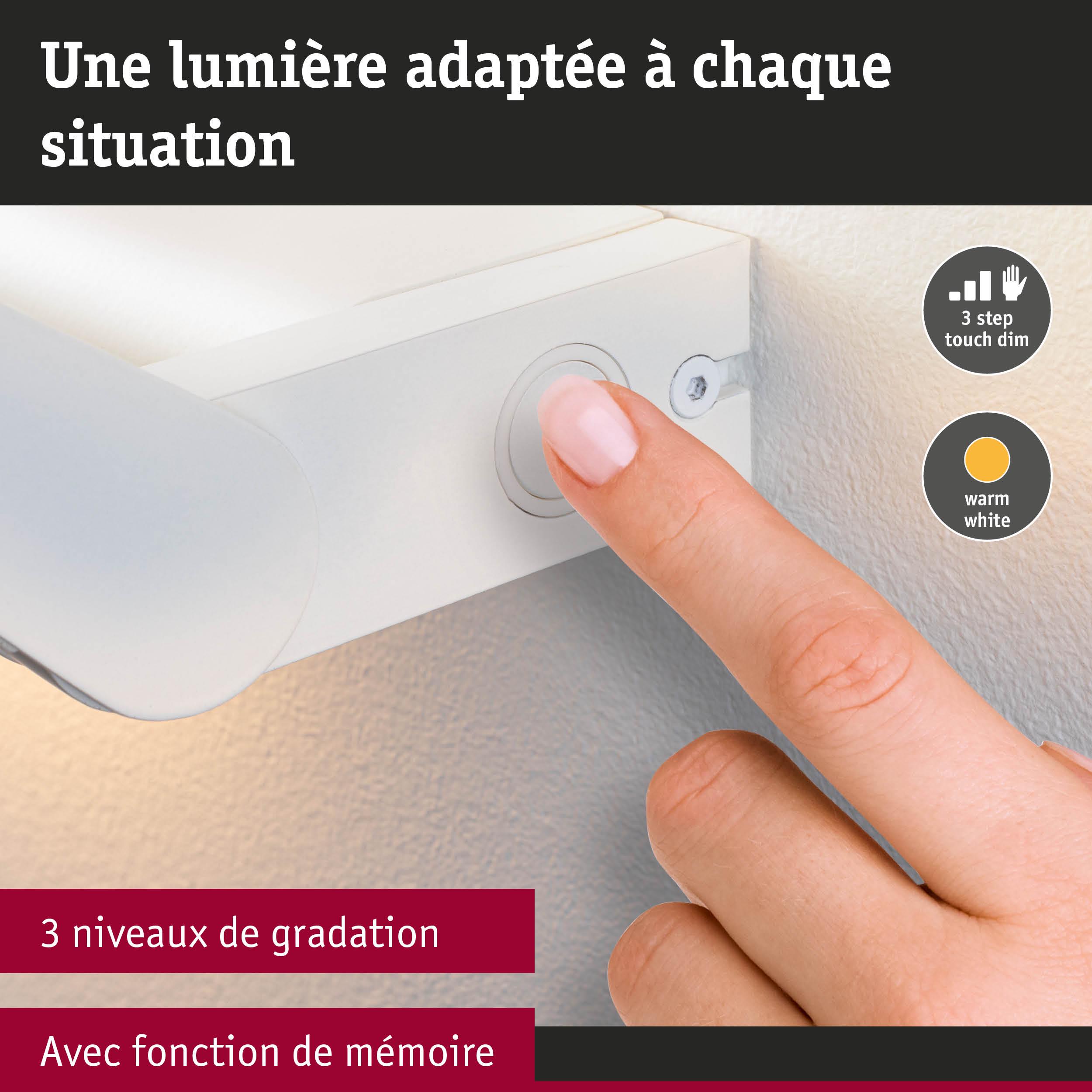 Applique murale LED blanche avec variateur tactile à trois niveaux pour lumière blanc chaud