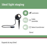 Black LED outdoor spotlight with ground spike for garden lighting, easy setup without cable or transformer.