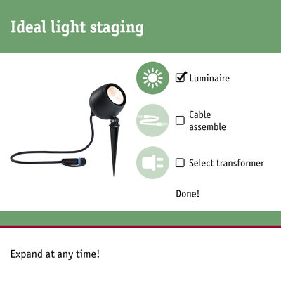Black LED outdoor spotlight with ground spike and cable for garden lighting and light staging.