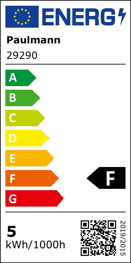 EU-energimærke med energieffektivitetsklasse F og forbrug på 5 kWh pr. 1000 timer