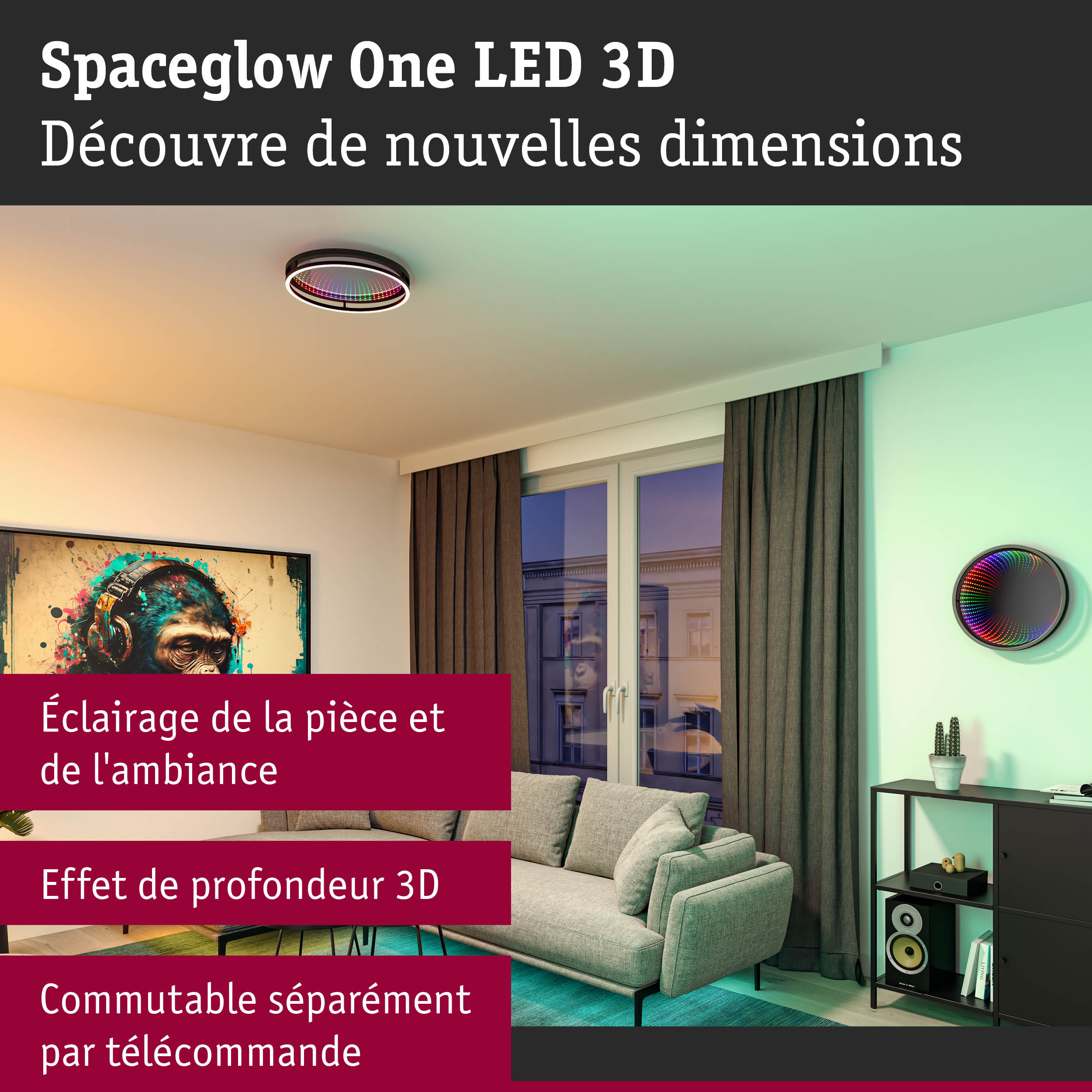 Plafonnier Spaceglow One LED 3D avec effet de profondeur 3D et télécommande pour salon