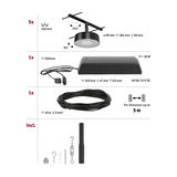 Technical drawing black LED track system with 5 lights, transformer, 10m cable and mounting accessories