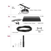 Schéma technique système de rail LED noir avec 5 lampes, transformateur, câble de 10m et accessoires de montage