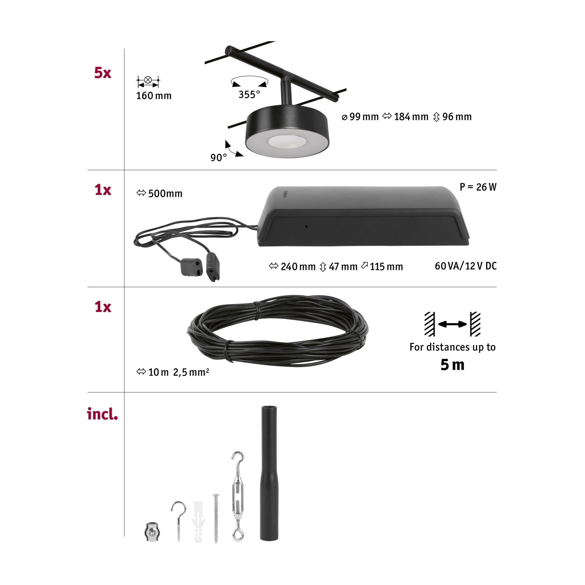 Schéma technique système de rail LED noir avec 5 lampes, transformateur, câble de 10m et accessoires de montage