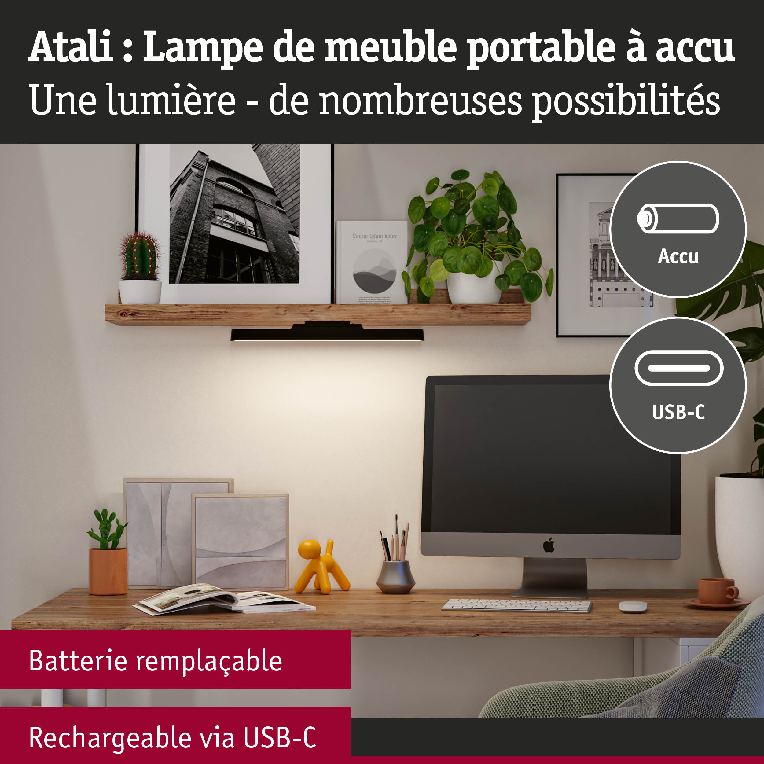 Lampe de meuble portable Atali à accu, rechargeable via USB-C avec batterie remplaçable pour éclairage polyvalent
