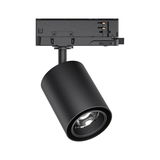 Black metal LED spotlight with cylindrical design for modern track lighting systems