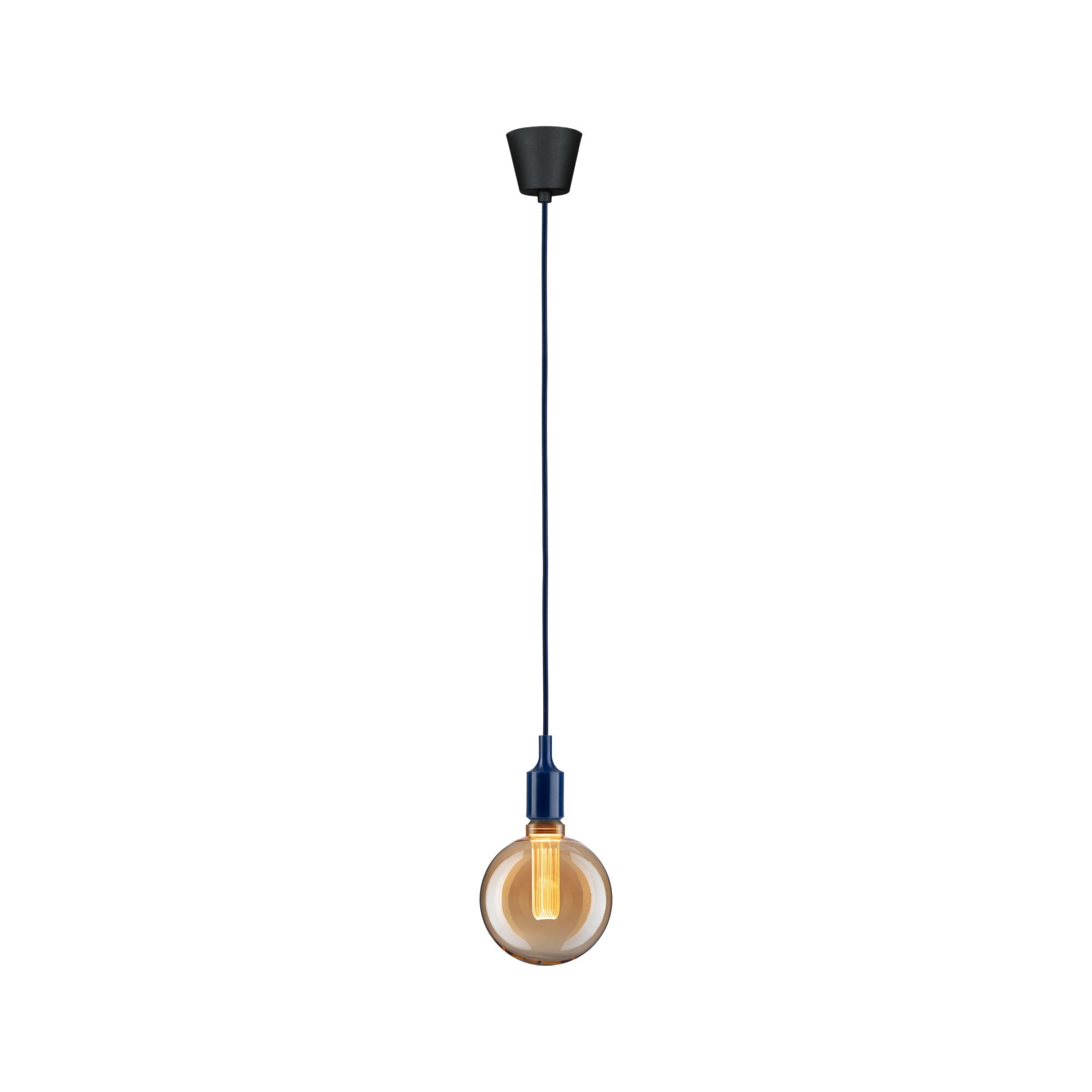 Hängelampe mit blauem Kabel und bernsteinfarbener Glühbirne für moderne Wohnraumbeleuchtung