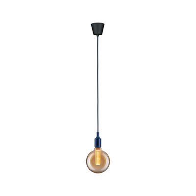 Hängelampe mit blauem Kabel und bernsteinfarbener Glühbirne für moderne Wohnraumbeleuchtung