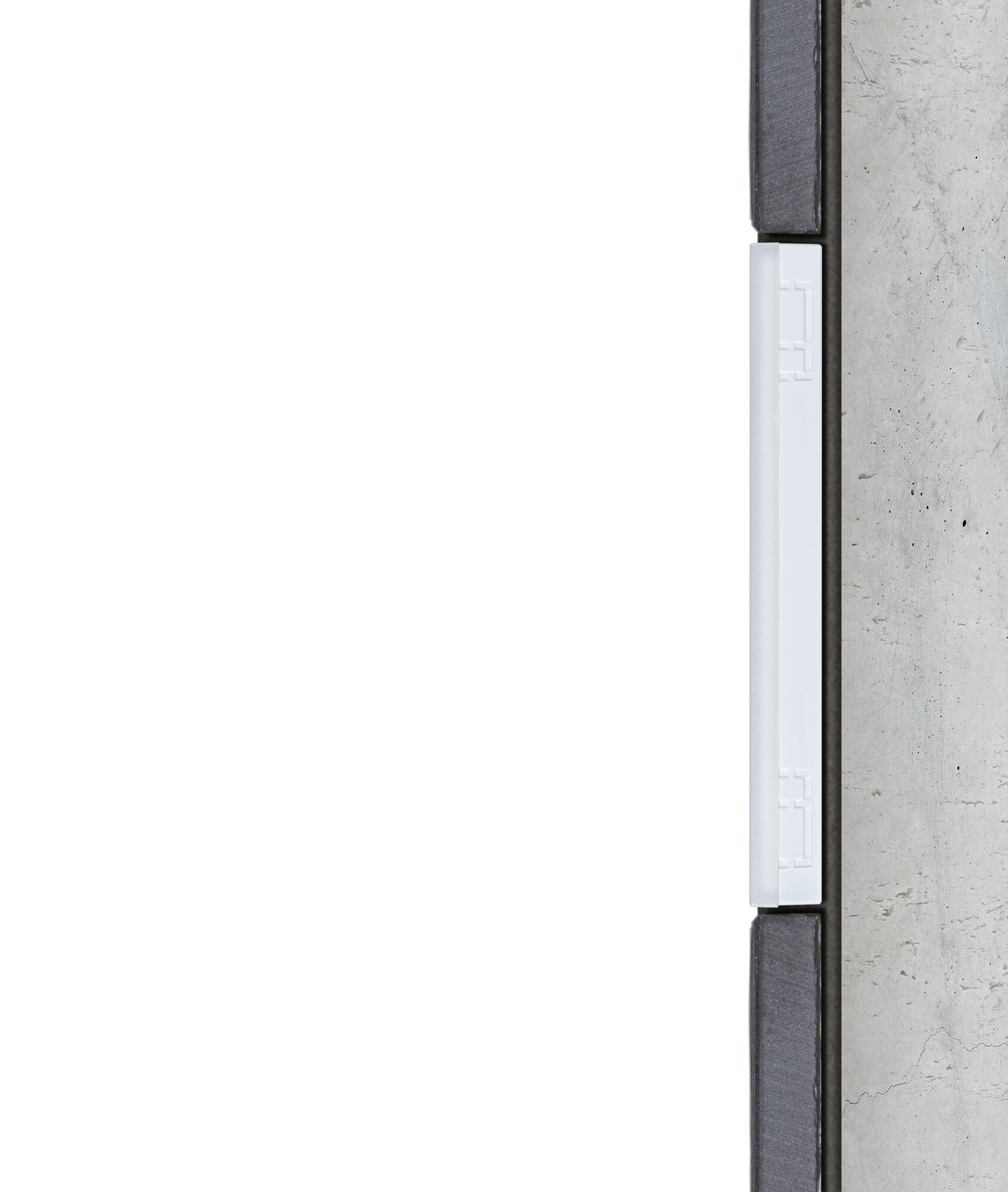 Cross-section of white LED light strip in modern wall installation with concrete and wood.